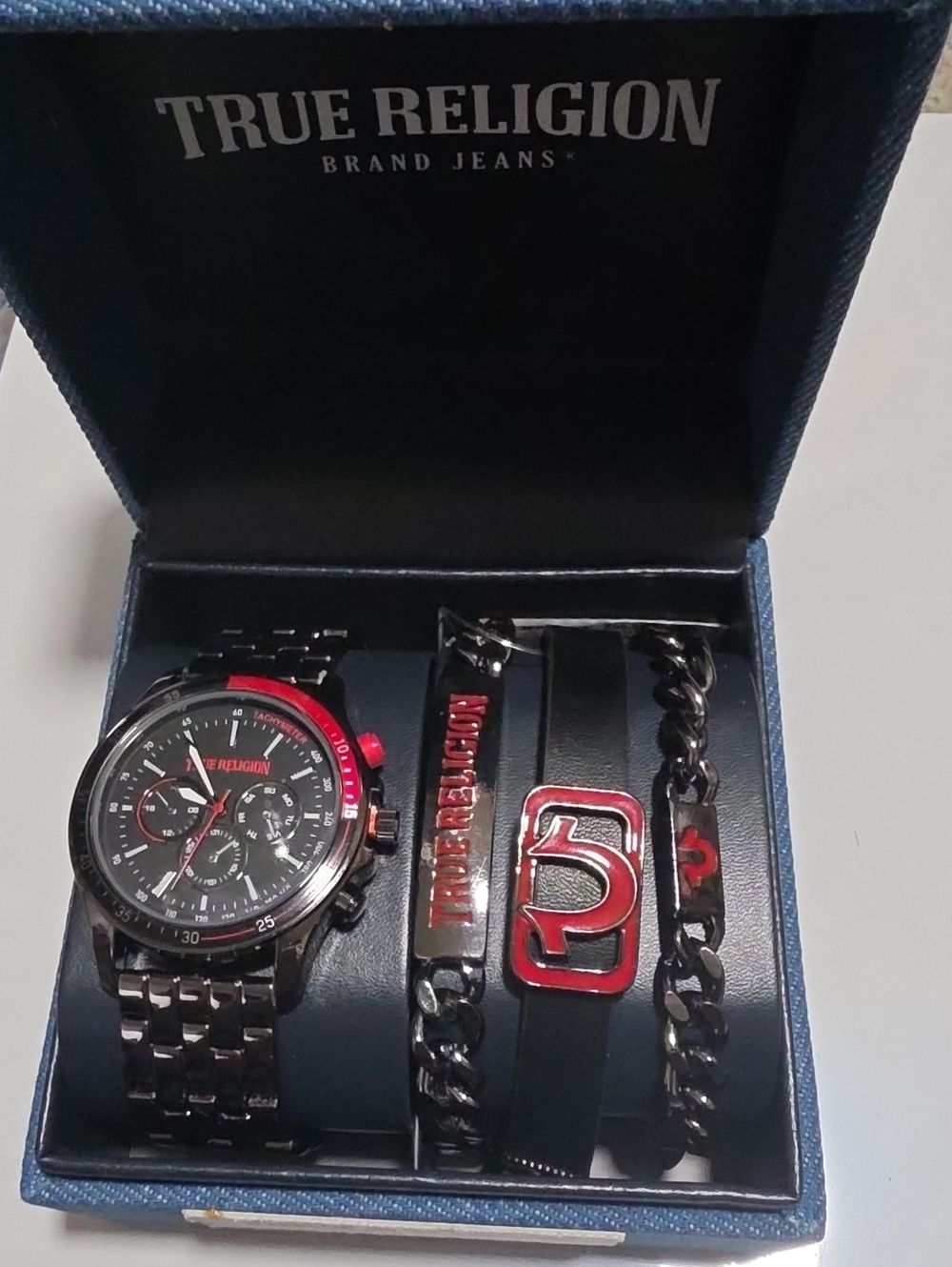 True Religion Black and Red Men’s Chronograph Watch & Bracelet Set